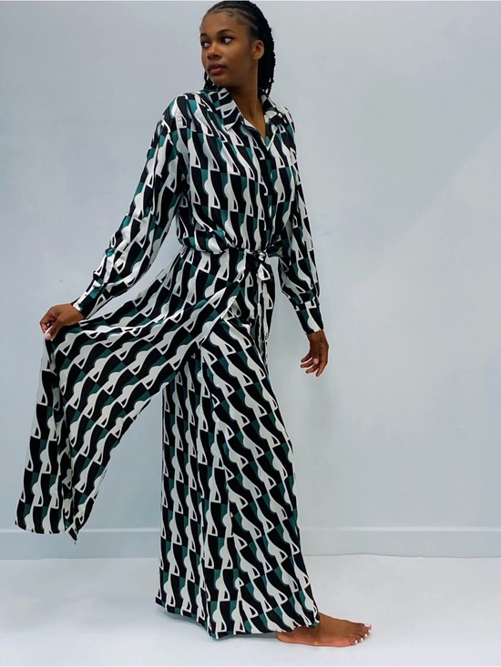 Mulla Pants - Geometric Button-Front Wide-Leg 2pc set in Black, White & Teal